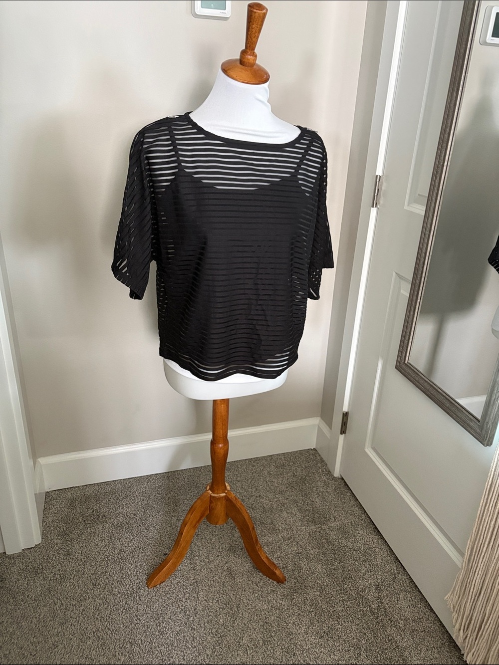 DKNY Black Sheer Striped Short Sleeve Top